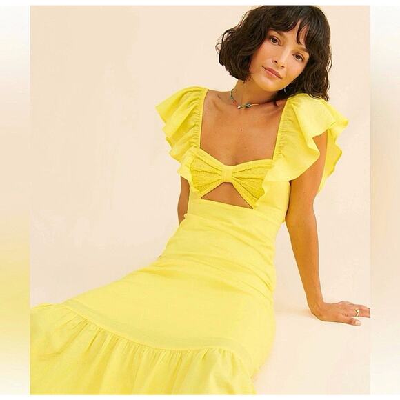 FARM Rio Ruffled Sweetheart Maxi Dress XL Petite Sundress Yellow Midriff Cutout - Picture 1 of 10